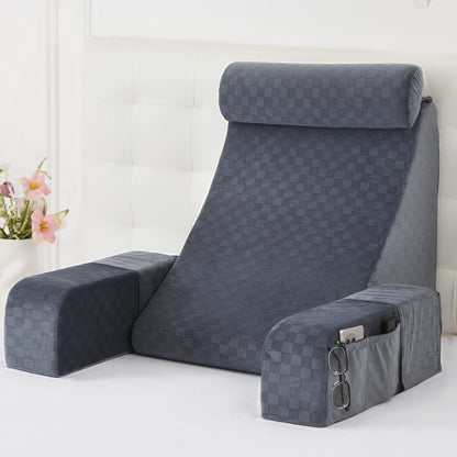 Bourkimi 19-Inch Wedge Reading Pillow with Removable Arms, Bed Rest Back Support Pillow with Side Pockets