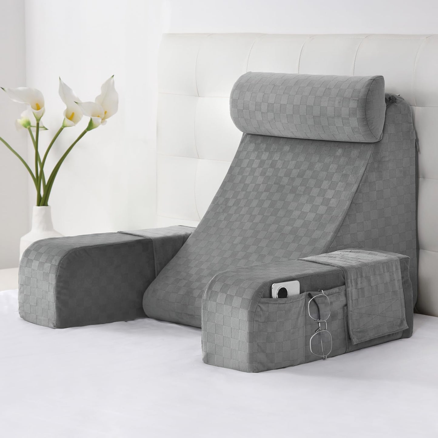 Bourkimi 19-Inch Wedge Reading Pillow with Removable Arms, Bed Rest Back Support Pillow with Side Pockets