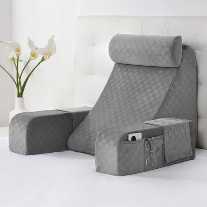Bourkimi 19-Inch Wedge Reading Pillow with Removable Arms, Bed Rest Back Support Pillow with Side Pockets