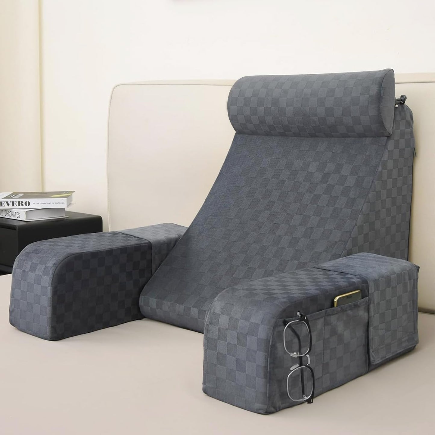 Bourkimi 19-Inch Wedge Reading Pillow with Removable Arms, Bed Rest Back Support Pillow with Side Pockets