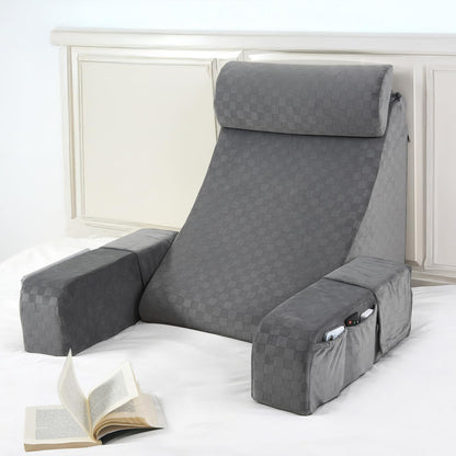 Bourkimi 19-Inch Wedge Reading Pillow with Removable Arms, Bed Rest Back Support Pillow with Side Pockets