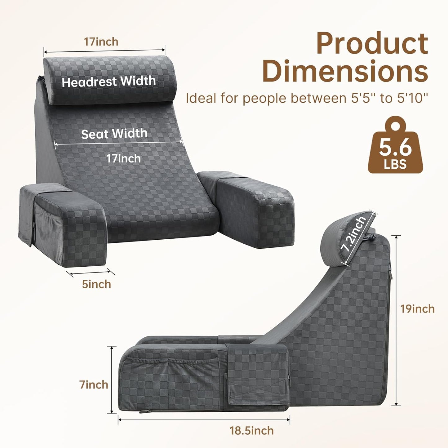 Bourkimi 19-Inch Wedge Reading Pillow with Removable Arms, Bed Rest Back Support Pillow with Side Pockets