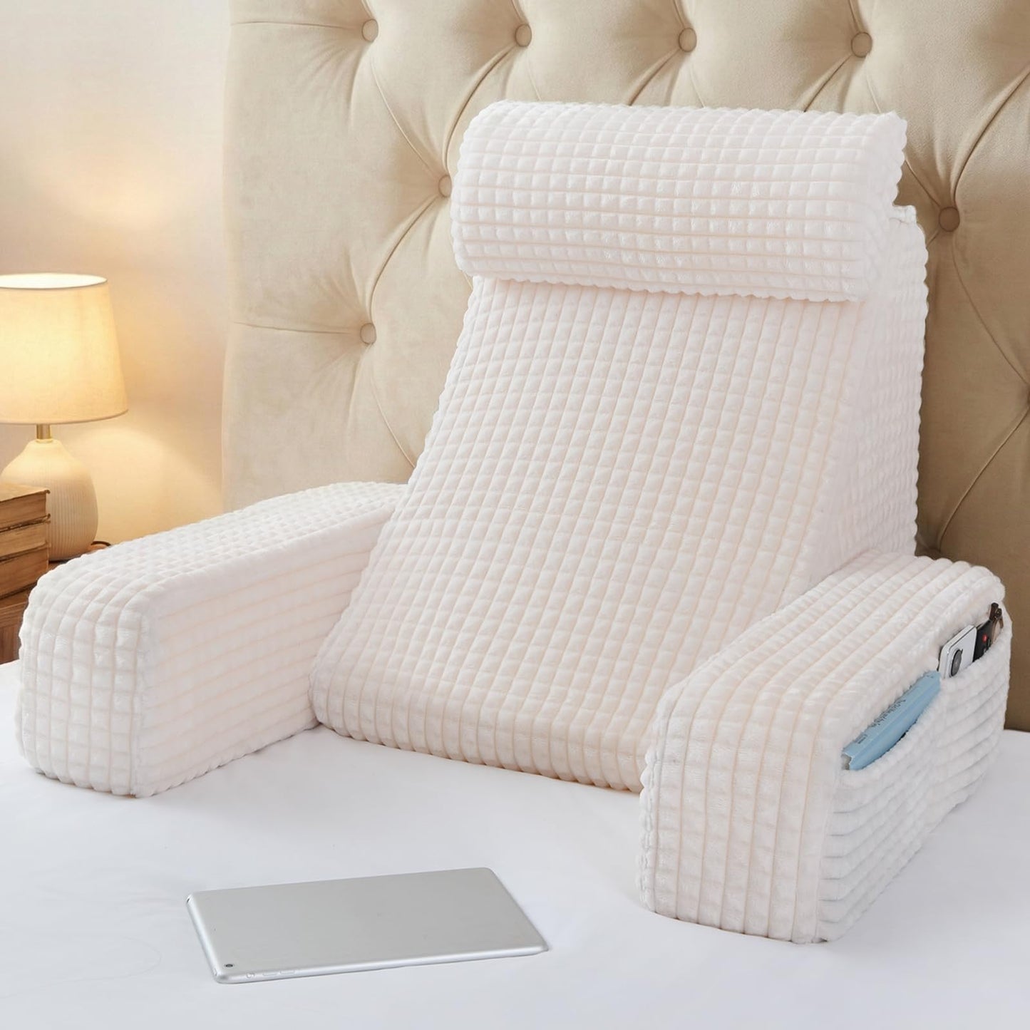 Bourkimi 19-Inch Wedge Reading Pillow with Removable Arms, Bed Rest Back Support Pillow with Side Pockets
