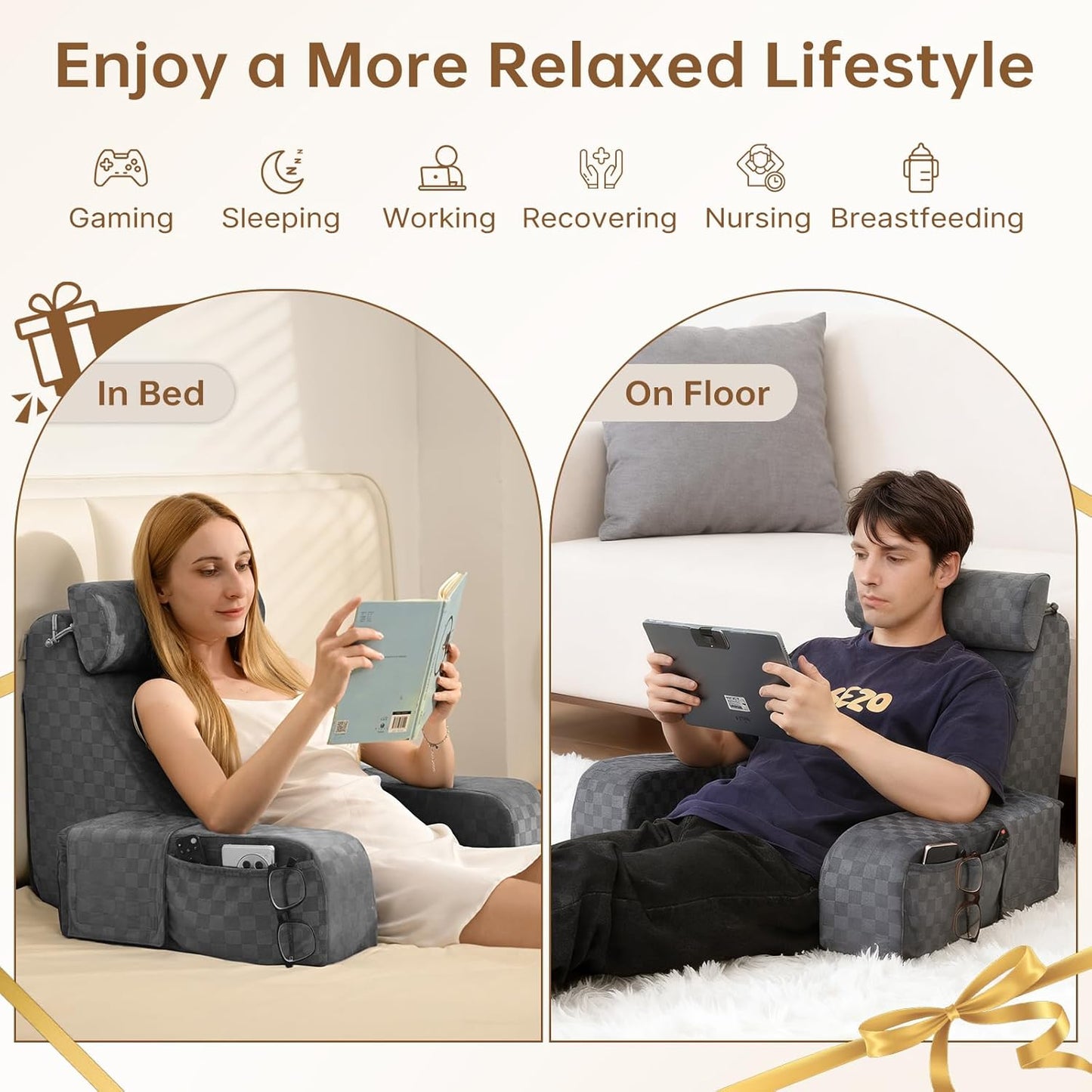 Bourkimi 19-Inch Wedge Reading Pillow with Removable Arms, Bed Rest Back Support Pillow with Side Pockets