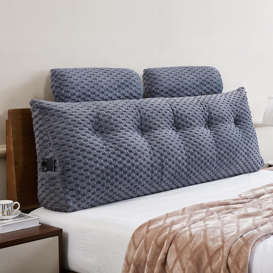 Bourkimi Queen Size Wedge Headboard Pillow Set with 2 Roll Pillows, Velvet Back Support Reading Pillow with Removable Washable Cover