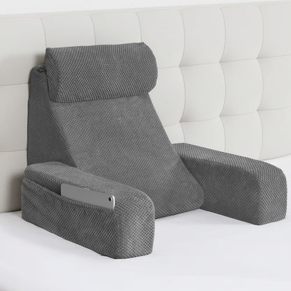 Bourkimi 19-Inch Wedge Reading Pillow with Removable Arms, Bed Rest Back Support Pillow with Side Pockets