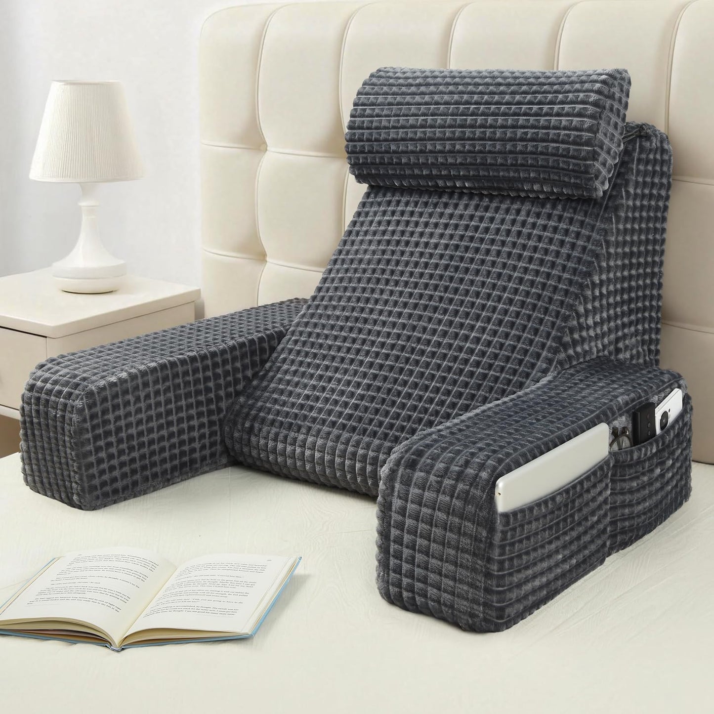 Bourkimi 19-Inch Wedge Reading Pillow with Removable Arms, Bed Rest Back Support Pillow with Side Pockets