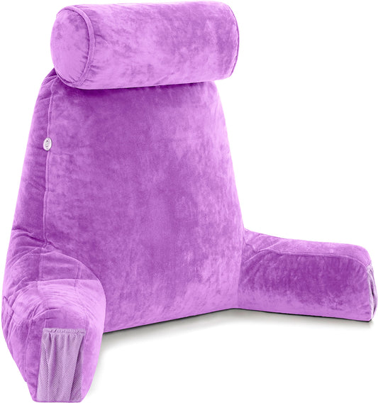 Bourkimi XX-Large Reading Pillow with Arms and Neck Roll, Shredded Memory Foam Bed Rest Pillow with Removable Cover and Side Pockets, Grey